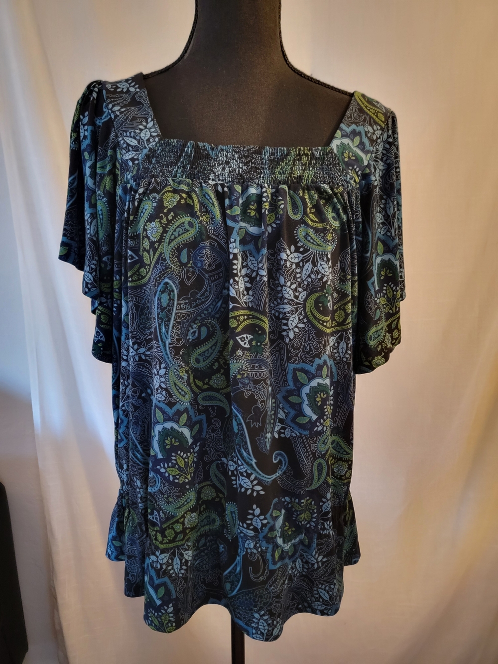 Apt. 9 Navy and Green Paisley Square-Neck Blouse